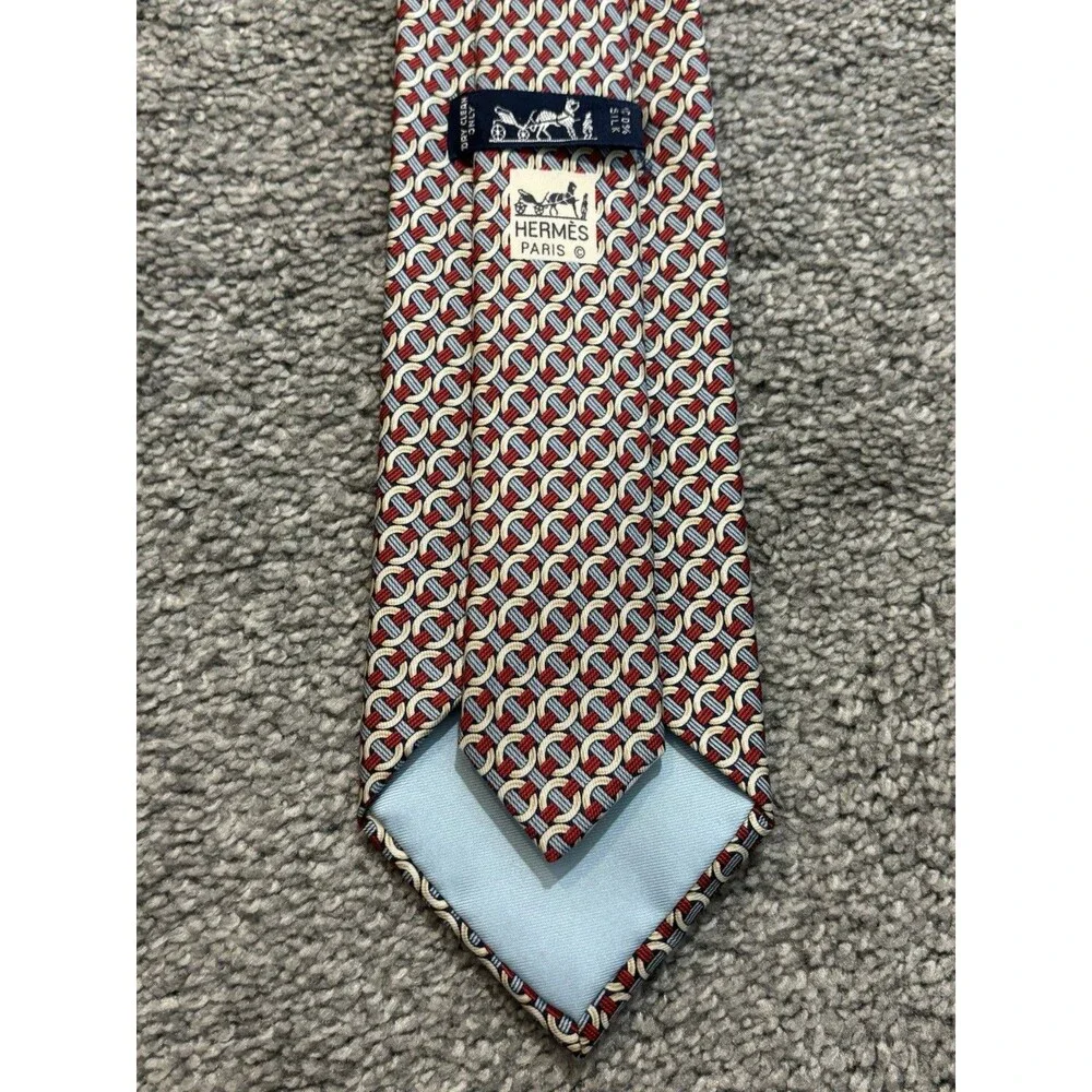 Hermes‎ Silk Tie Red Blue Geometric Pattern 7760